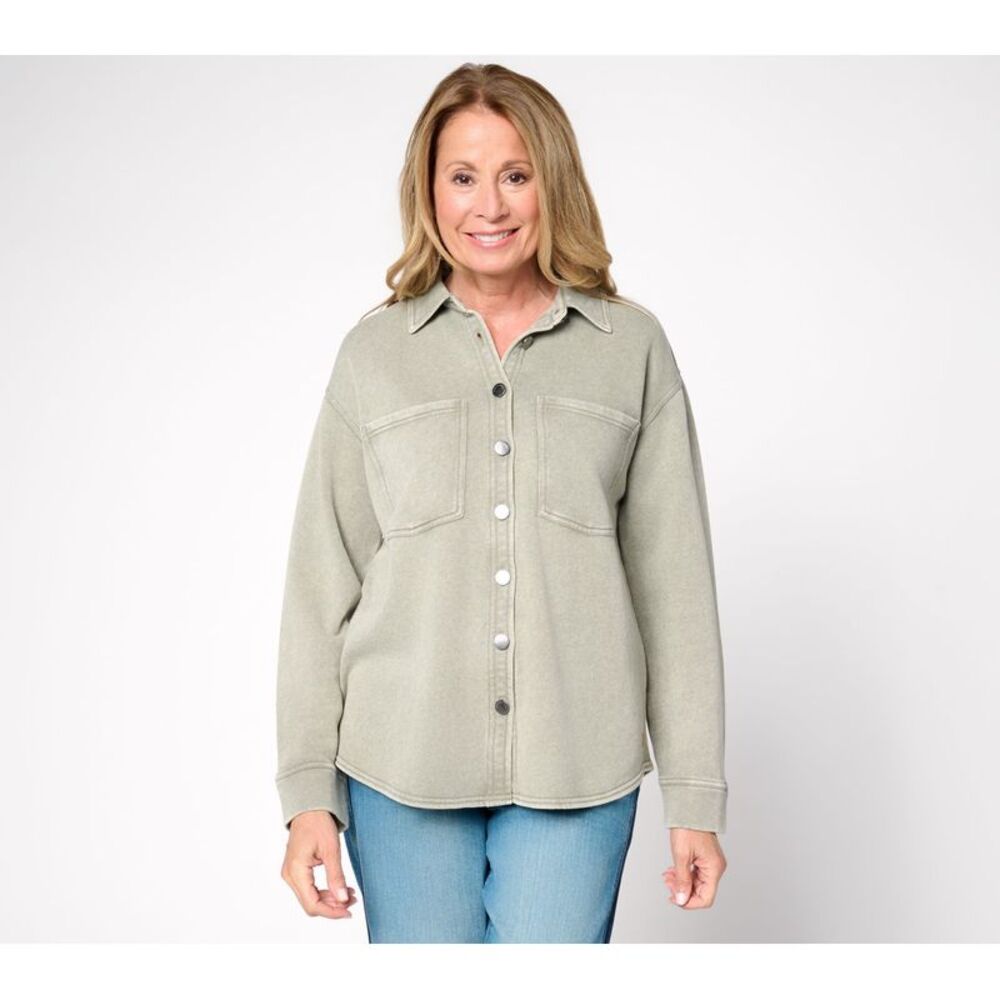 Peace Love World Women's Top Sz XS Knit Indigo Button Front Long Green